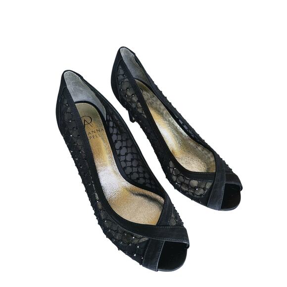 Adrianna Papell Jamie Peep Toe Pump Satin Heels Crystals Black 6M Evening Event - Picture 2 of 9